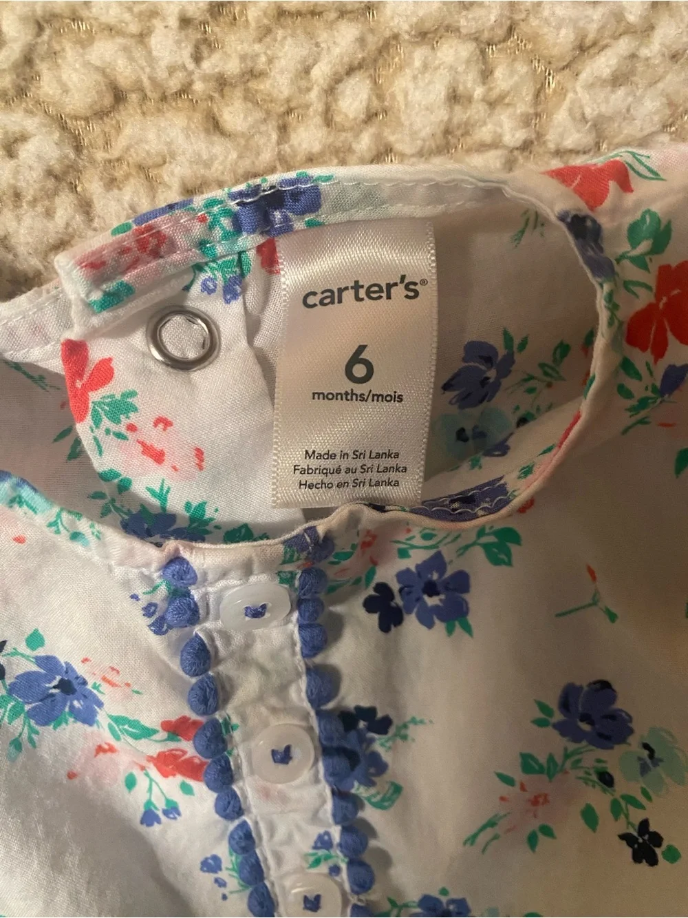 Carter’s Baby Girl Flowered Romper White W Pink Orange Blue Flowers Blue Bow